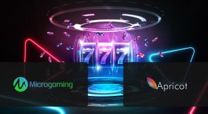 Das Logo von Microgaming und Apricot gegenübergestellt.