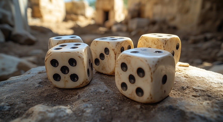 Spielwürfel, im Hintergrund eine Ausgrabungsstätte.