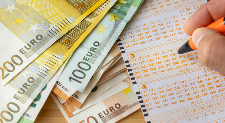 a lottery ticket surrounded by euro banknotes flying around