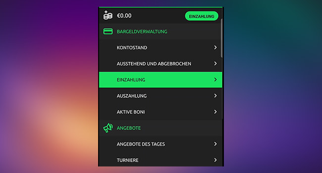 Kundenbereich eines Online Casinos.